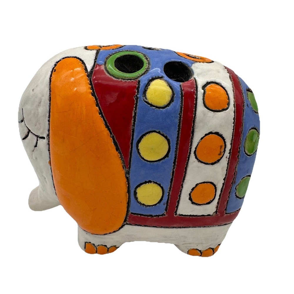 Vintage Handmade Elephant Pottery Pen Holder/Paint Brush Holder 5.5" Colorful